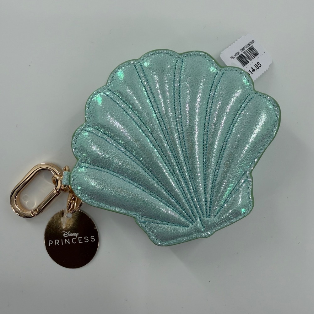 Disney Princess Ariel Sparkly Seashell Zip Pouch Keychain Purse NWT Aqua Gold